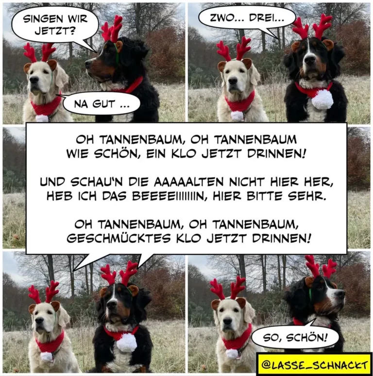 Zwei Hunde mit Rentiergeweih und Weihnachtsschmuck singen gemeinsam Weihnachtslieder in verschneiter Landschaft