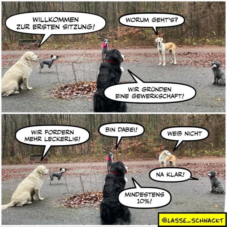 Gruppe von Hunden auf Waldweg. Schwarzer Hund spricht zu anderen: 'Willkommen zur ersten Sitzung! Worum geht's?' Ein Hund antwortet 'Wir gründen eine Gewerkschaft!' Unten: Diskussion über Leckerlis und Mindestens.