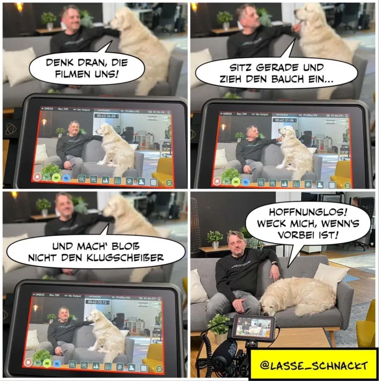 Mann sitzt auf Sofa neben grossem cremefarbenem Hund, der sich bei Filmaufnahmen demonstrativ abwendet, während der Mann Anweisungen gibt