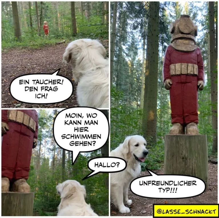 Weisser Hund trifft im Wald auf eine rote Holzfigur und fragt sie, ob sie schwimmen gehen können