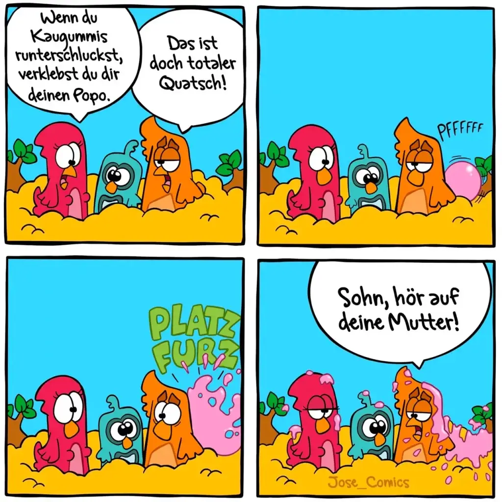 Vier-Panel-Comic: Rote Figur erklärt oranger Figur, wie man Kaugummi runterschluckt. Orange Figur bläst Ballon auf und spuckt ihn aus. Rote und blaue Figur beobachten überrascht, orange Figur sitzt schmutzig im Sand.