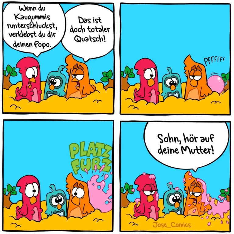 Vier-Panel-Comic: Rote Figur erklärt oranger Figur, wie man Kaugummi runterschluckt. Orange Figur bläst Ballon auf und spuckt ihn aus. Rote und blaue Figur beobachten überrascht, orange Figur sitzt schmutzig im Sand.