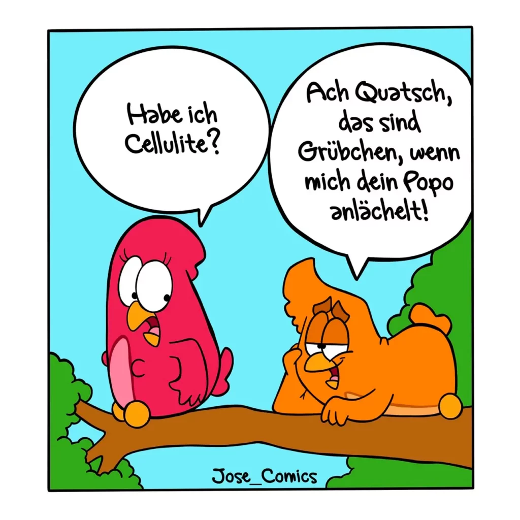 Rotes Vogel fragt orangefarbenes Vogel nach Cellulite, orangefarbener Vogel antwortet zornig