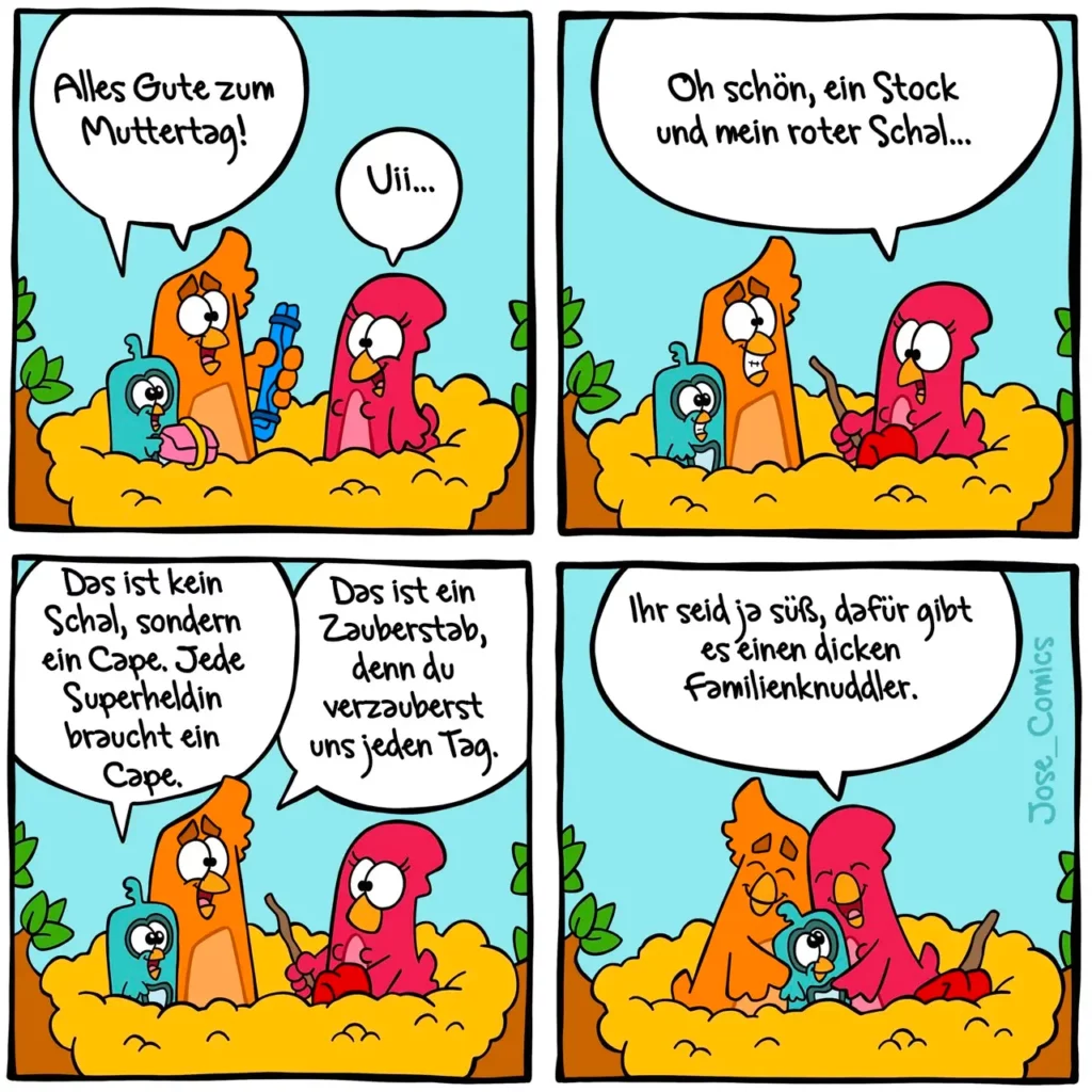 Vier Panel Comic: Zwei bunte Vogel-Charaktere unterhalten sich, einer trägt ein rotes Cape. Im letzten Panel umarmen sie sich.