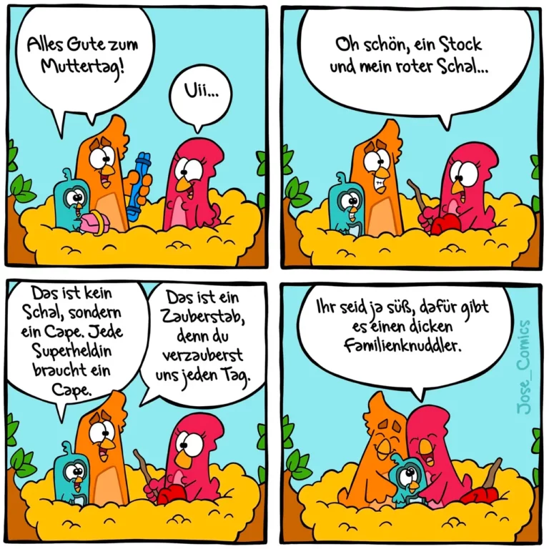 Vier Panel Comic: Zwei bunte Vogel-Charaktere unterhalten sich, einer trägt ein rotes Cape. Im letzten Panel umarmen sie sich.