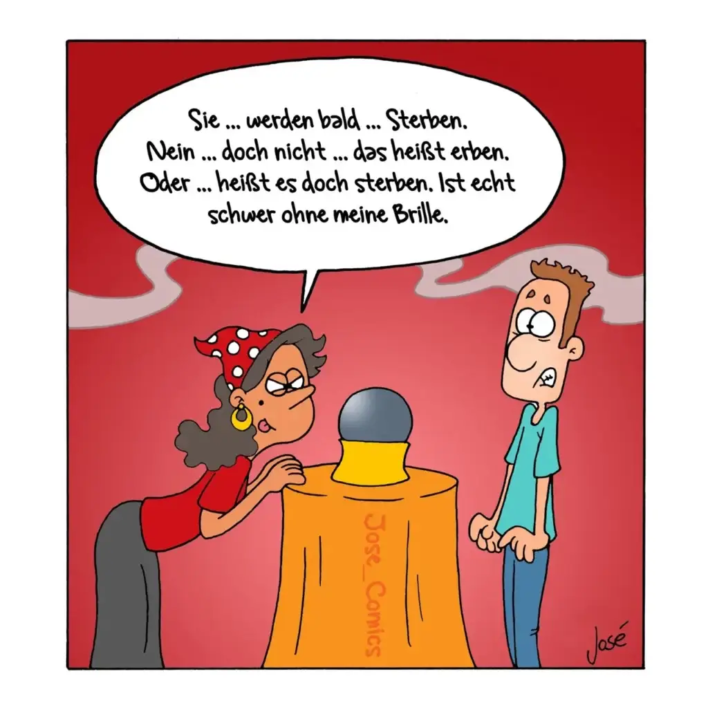 Wahrsagerin mit Glaskugel auf Tisch, nervöser Mann sitzt ihr gegenüber, sie spricht in Gedankenbla­se über sein Schicksal