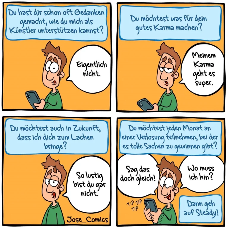 Mann hält Smartphone, vier Panels zeigen Dialog über gutes Karma und Glück bei Verlosungen