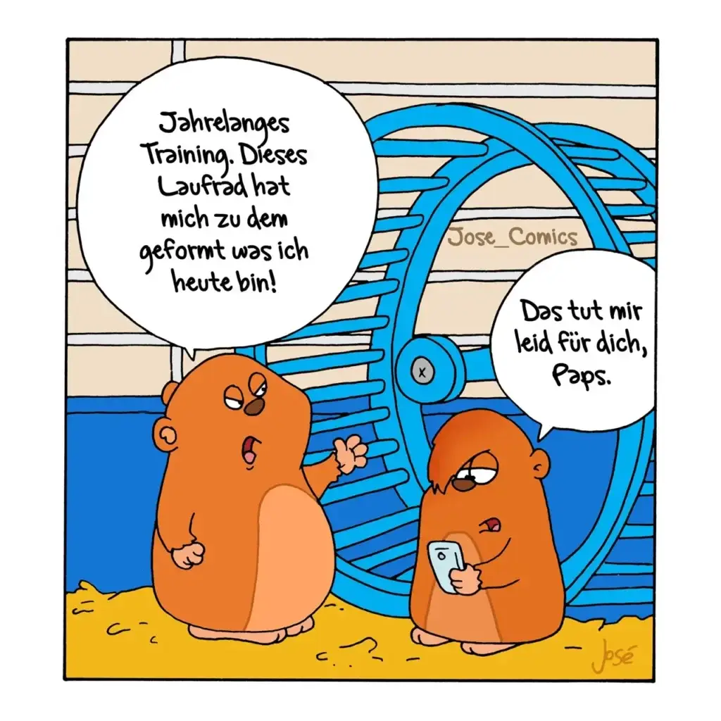 Zwei orangefarbene Meerschweinchen am Strand: eines stolz vor einem blauen Laufrad, das andere hält ein Smartphone und wirkt skeptisch