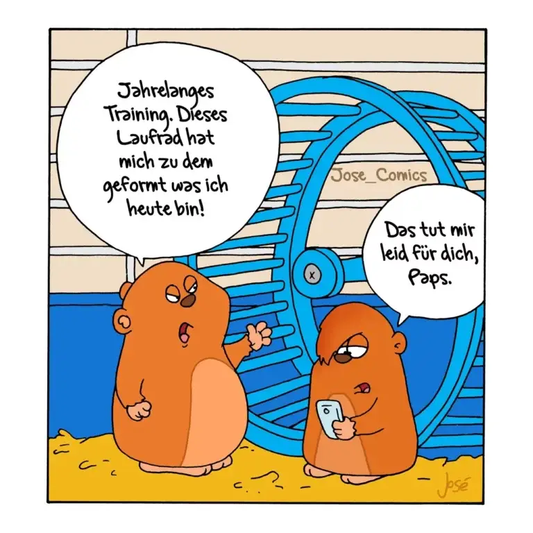 Zwei orangefarbene Meerschweinchen am Strand: eines stolz vor einem blauen Laufrad, das andere hält ein Smartphone und wirkt skeptisch