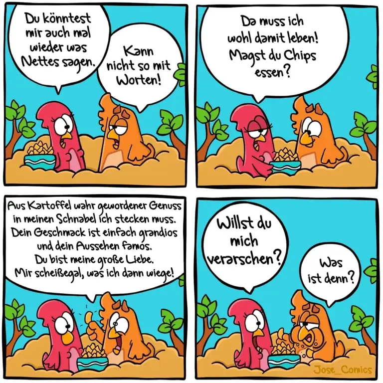 Zwei bunte Schnecken am Strand: Die eine versucht, die andere davon zu überzeugen, keine Chips zu essen, wird aber durch Bestechung selbst zum Chipsfresser
