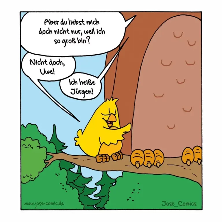 Gelber Vogel sitzt auf einem Ast neben Eiern, spricht mit unsichtbarem Gesprächspartner oben rechts