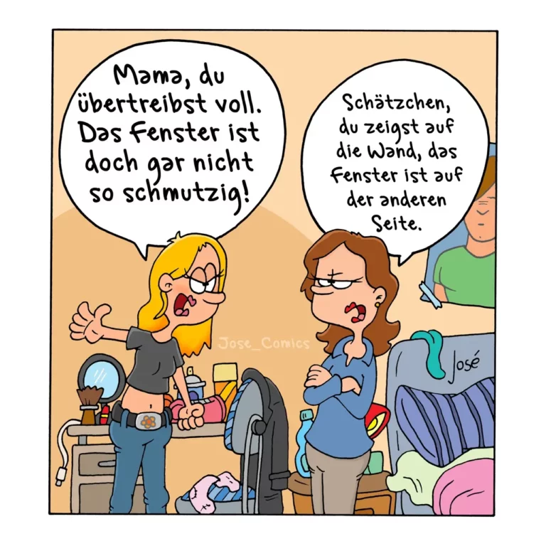 Zwei Frauen streiten sich in einem Wohnzimmer, eine putzt ein Fenster, die andere zeigt auf die Wand – im Hintergrund liegt ein kleiner Hund auf dem Boden