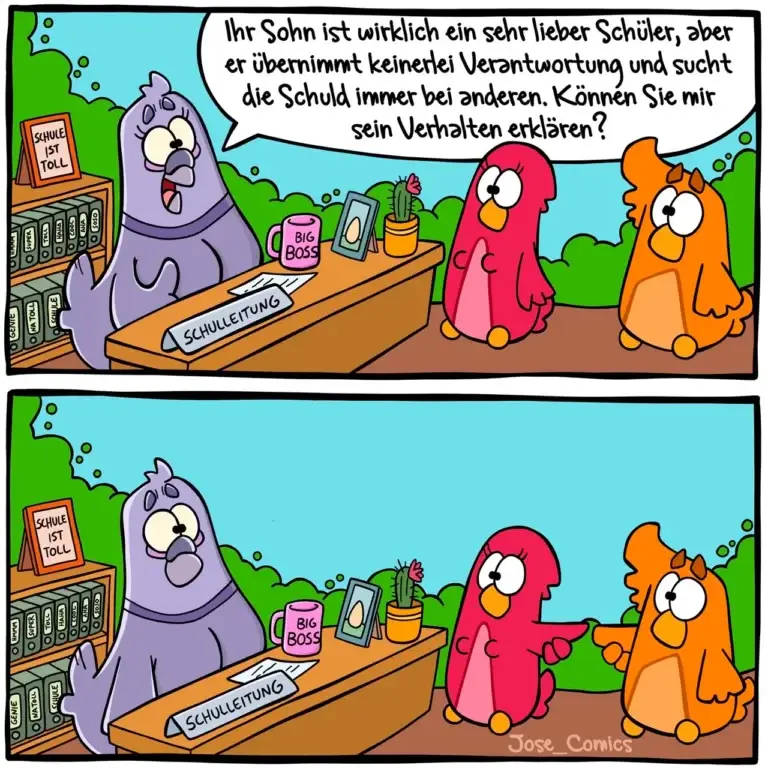 Lila Hund sitzt an Schulleiter-Schreibtisch, zwei bunte Hunde sitzen gegenüber. Der lila Hund spricht in eine Sprechblase, die zweite Panel zeigt stille Reaktion.