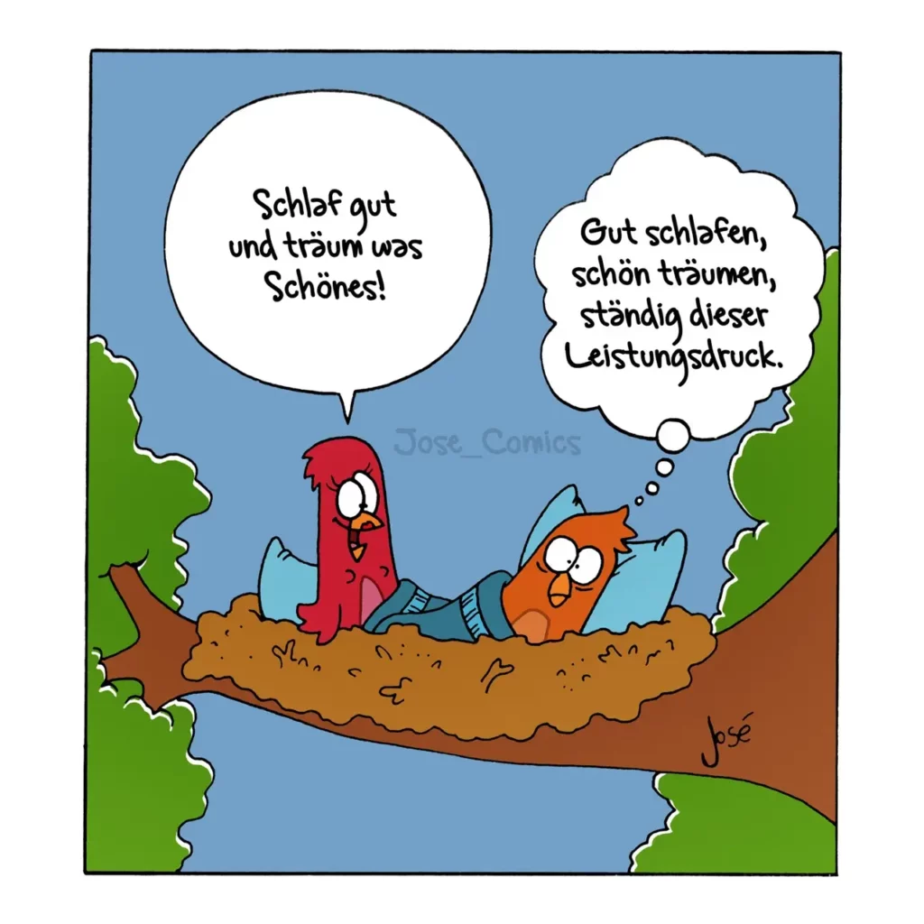 Zwei bunte Vögel sitzen in einem Loch im Boden; der rote sagt zufrieden etwas, der orange antwortet gestresst