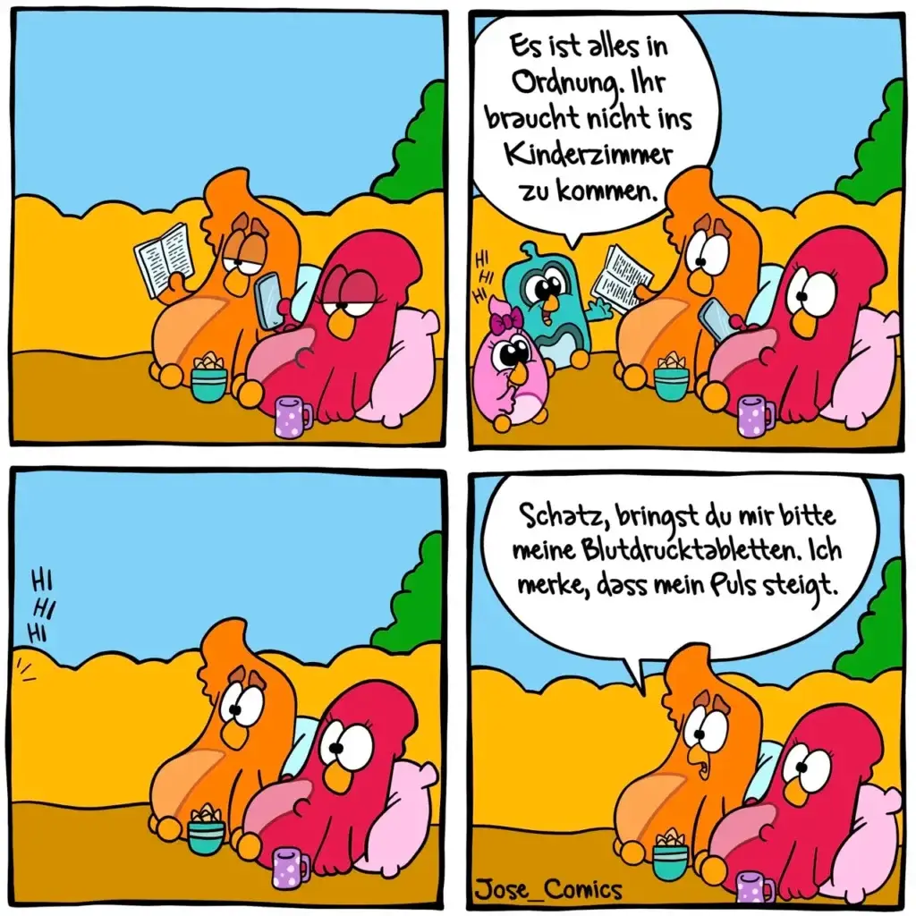 Zwei bunte Vögel am Strand: Der orange Vogel liest entspannt, der rote Vogel beruhigt ihn, dass alles in Ordnung ist. Im dritten Panel erscheinen zwei kleine bunte Vögel, der orange Vogel gerät in Panik.