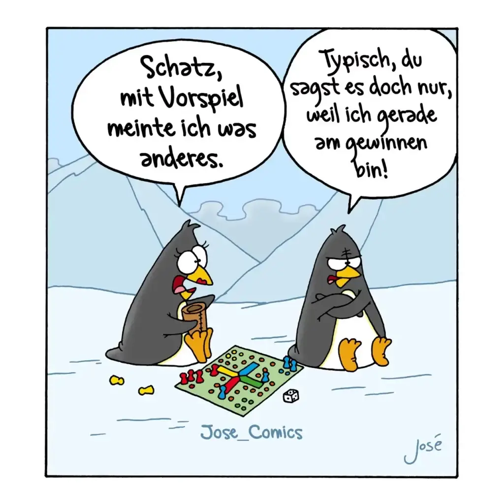 Zwei Pinguine sitzen im Schnee vor einem Brettspiel. Der linke hält Würfel und sagt etwas, der rechte antwortet mit verschränkten Flossen.