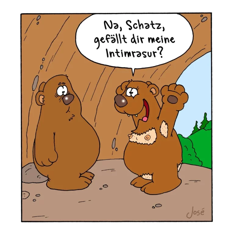 Zwei braune Hunde im Regen: einer nass und niedergeschlagen, der andere mit breitem Grinsen fragt 'Na, Schatz, gefällt dir meine Intimrasur?'