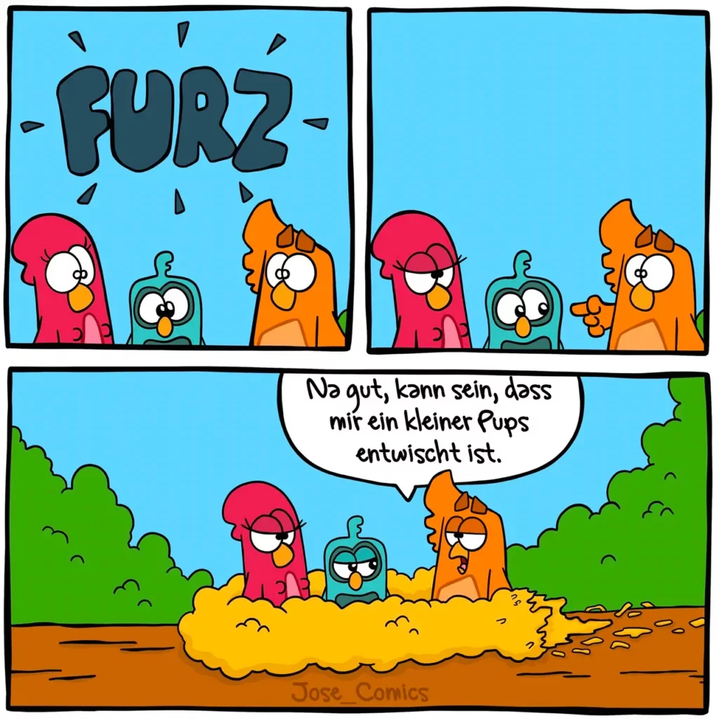 Drei bunte Vögel in einer Explosion mit dem Text «FURZ», danach sitzen sie nebeneinander, einer sagt «Na gut, kann sein, dass mir ein kleiner Pups entwischt ist»