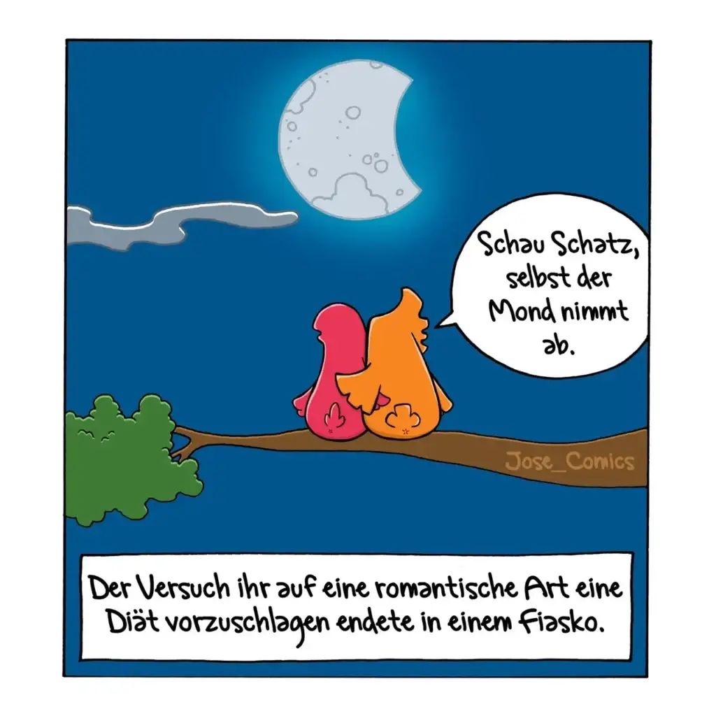 Zwei Hunde sitzen nachts auf einem Ast unter dem Mond, einer sagt zum anderen: «Schau Schatz, selbst der Mond nimmt ab.»