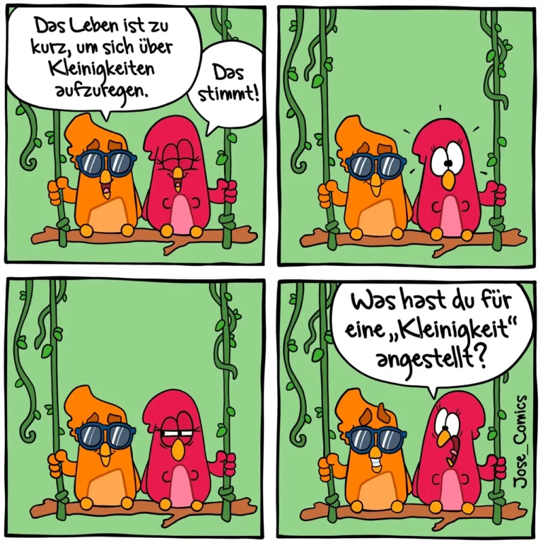 Zwei bunte Vogelfiguren in Dschungel-Szenerie. Orangefarbener Vogel trägt Sonnenbrille, roter Vogel reagiert überrascht auf eine Frage.