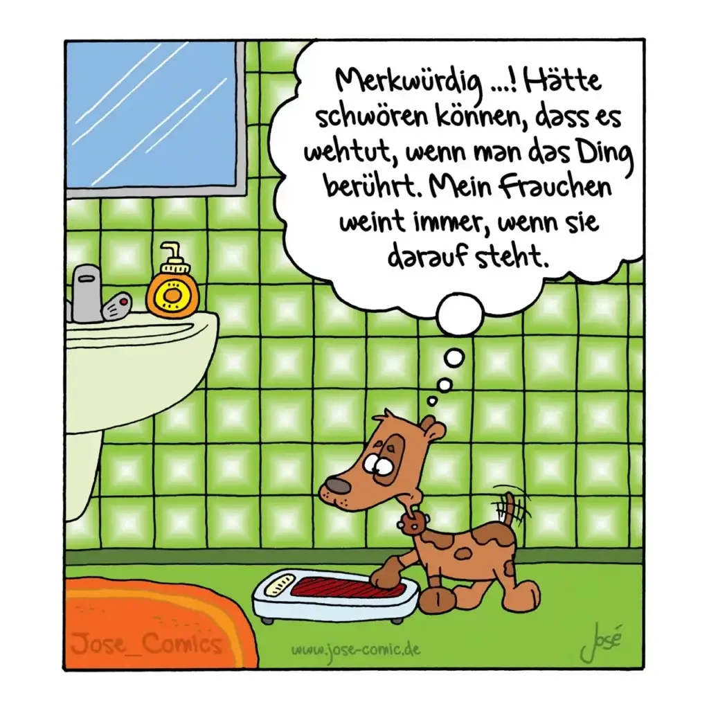 Brauner Hund sitzt in einer roten Wanne im Badezimmer, schaut nach oben zur Frau am Waschbecken, die etwas erklärt