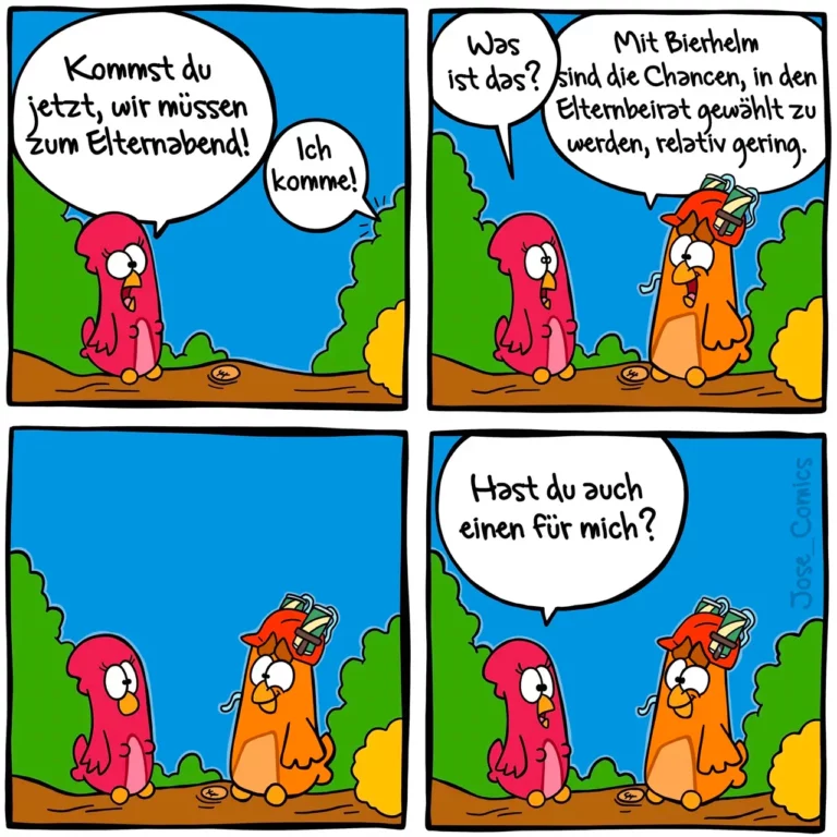Zwei bunte Vögel im Gespräch: Der rote Vogel fordert den orangenen auf zum Elternabend zu gehen, der orangene mit Helm antwortet mit Chancen-Statistiken über Elternbeirat