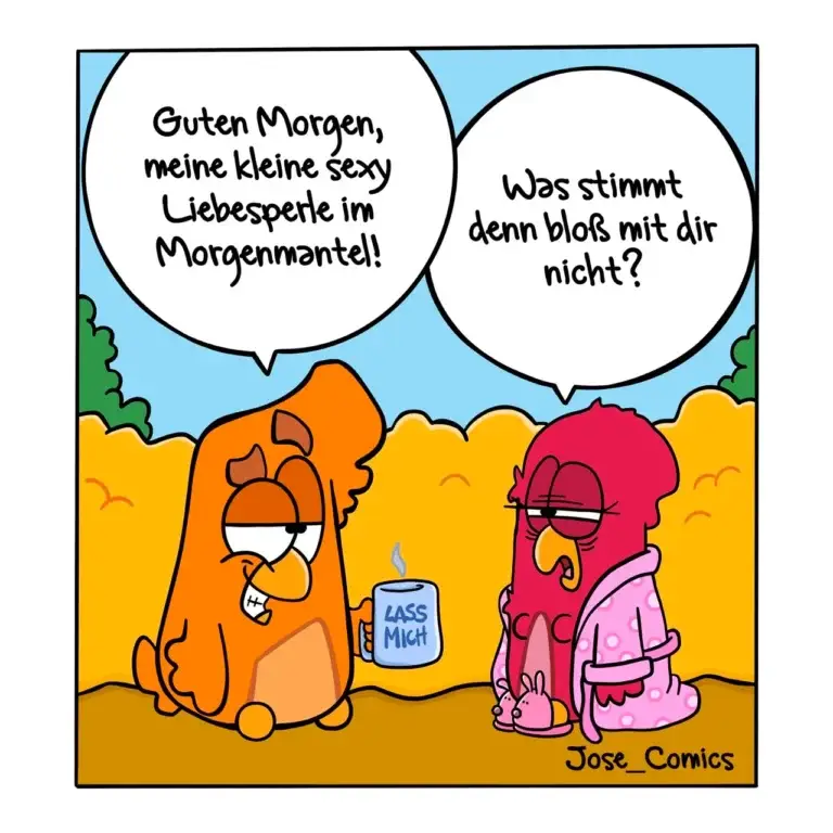 Orangefarbener Hund mit Kaffeetasse sagt Guten Morgen zu pinkfarbenem Hund, der müde und verschlafen wirkt