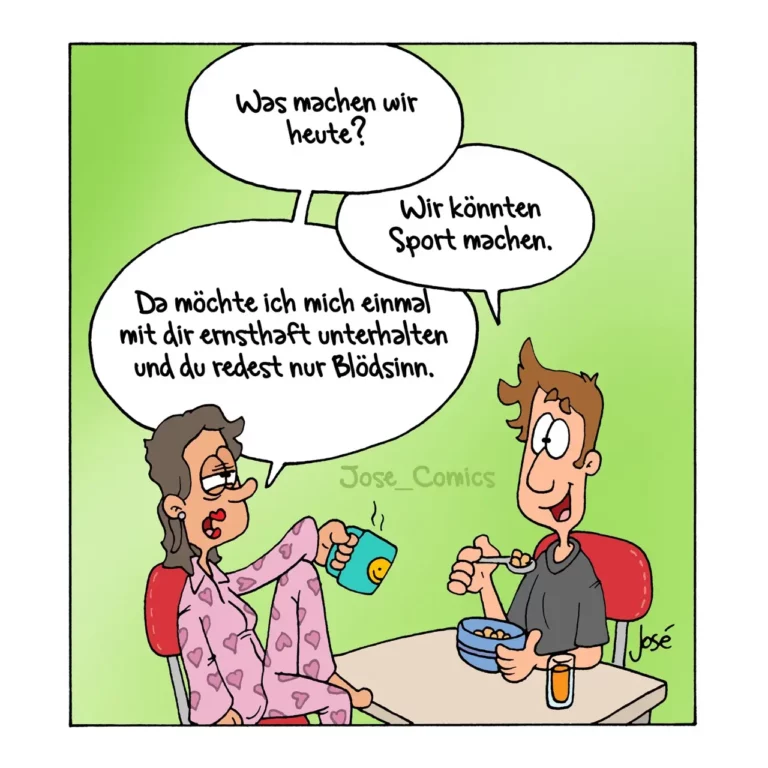 Frau im Pyjama sitzt am Tisch mit Cornflakes-Schüssel, Mann schlägt vor Sport zu machen, Frau antwortet genervt