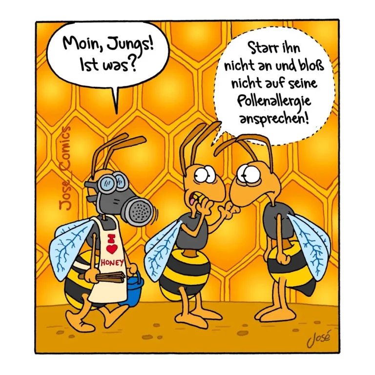 Drei Bienen in einem Bienenstock: eine trägt Gasmaske und Honigfass, zwei andere diskutieren angeregt miteinander