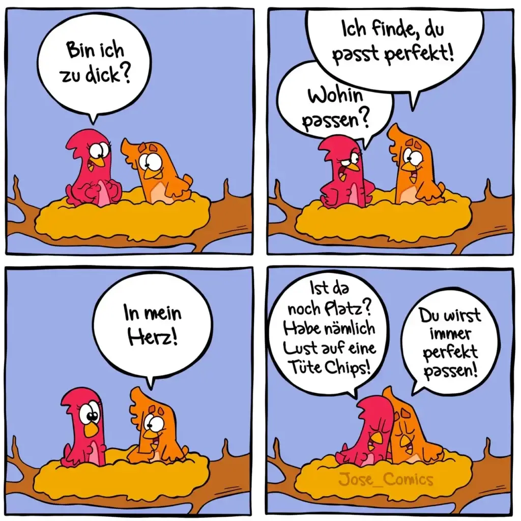 Roter und oranger Vogel sitzen auf gelbem Ast. Roter Vogel fragt orange Vogel, ob er zu dick ist. Orange Vogel versichert ihm wiederholt, dass er perfekt passt.