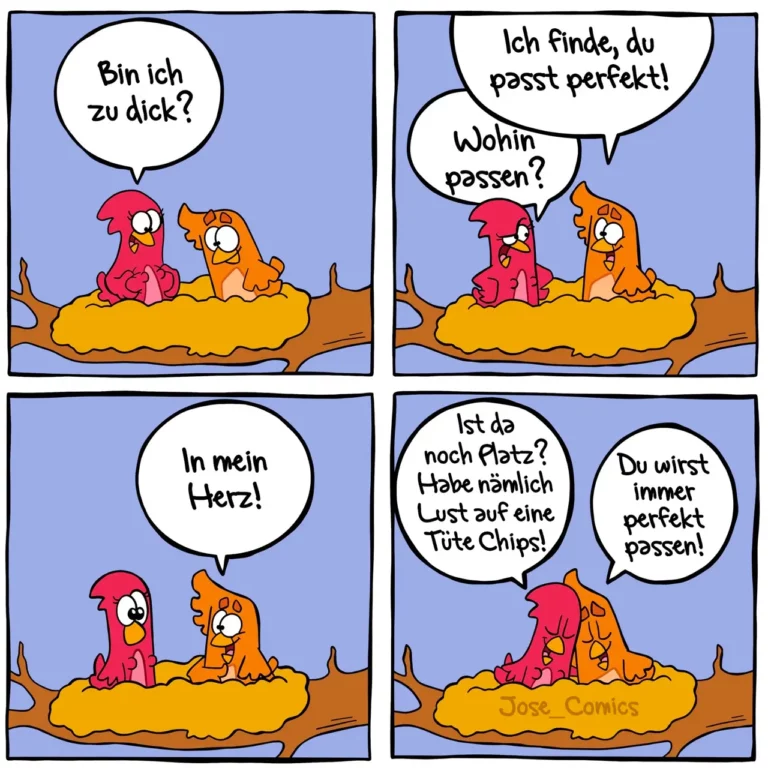 Roter und oranger Vogel sitzen auf gelbem Ast. Roter Vogel fragt orange Vogel, ob er zu dick ist. Orange Vogel versichert ihm wiederholt, dass er perfekt passt.