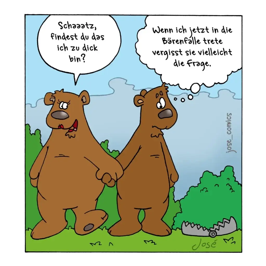 Zwei braune Bären halten sich an den Pfoten, einer fragt den anderen ob er zu dick sei, der andere antwortet ausweichend