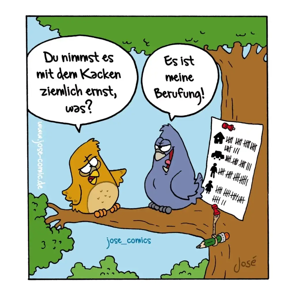 Zwei Vögel auf einem Ast: gelber Vogel deutet auf eine Strichliste an einem Baum, violetter Vogel antwortet selbstbewusst