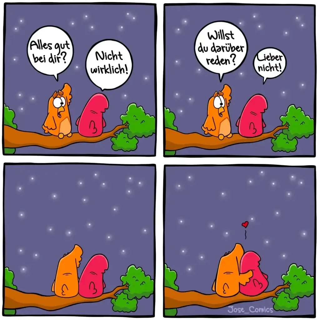 Zwei bunte Vögel sitzen nachts auf einem Ast. Im ersten Panel fragt der orange Vogel besorgt, der rote antwortet abweisend. Im vierten Panel umarmen sie sich zärtlich mit einem kleinen roten Herz darüber.