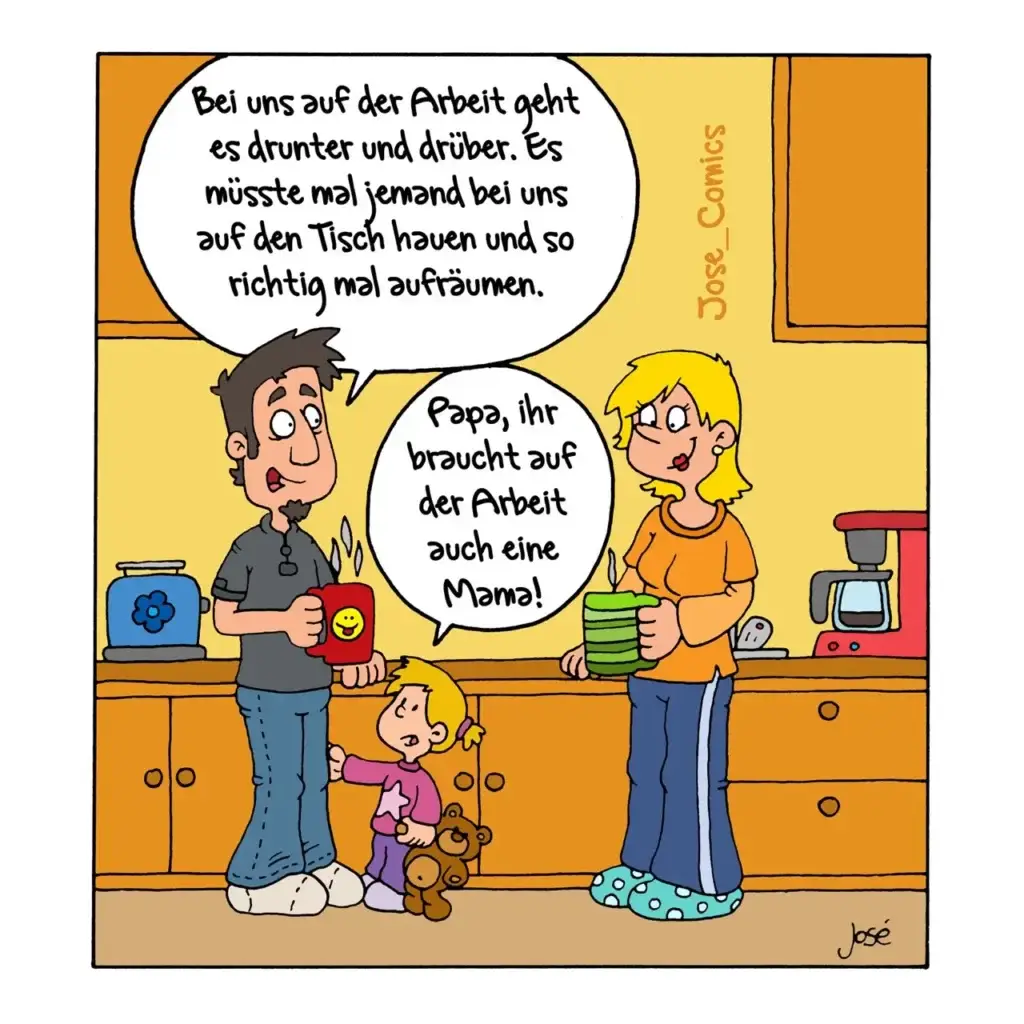 Familie in der Küche: Vater mit Kind und Teddybär erklärt Mutter, dass bei der Arbeit alles drunter und drüber geht