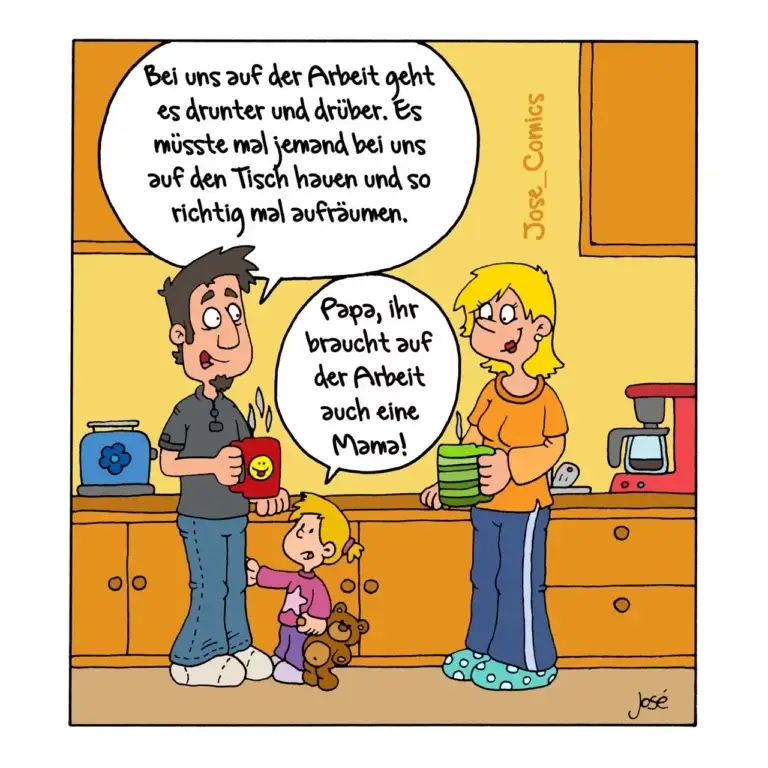 Familie in der Küche: Vater mit Kind und Teddybär erklärt Mutter, dass bei der Arbeit alles drunter und drüber geht