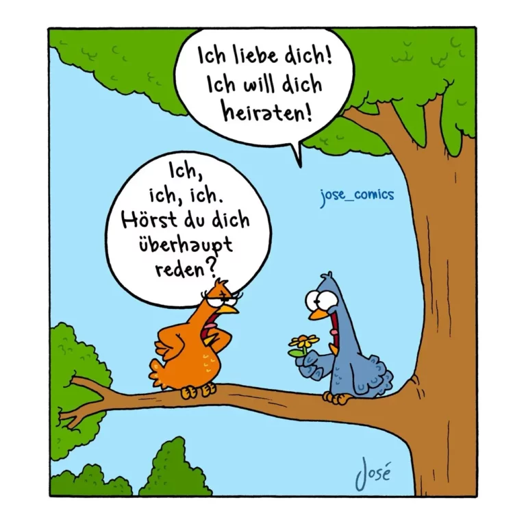 Orangener Vogel auf Ast schaut überraschend auf blauen Vogel mit Blume, der von Liebe und Hochzeit spricht