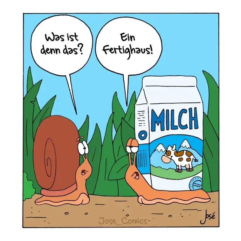 Zwei Schnecken in grüner Vegetation: eine zeigt auf ein braunes Schneckenhaus, die andere deutet auf eine Milchpackung mit Kuh-Motiv