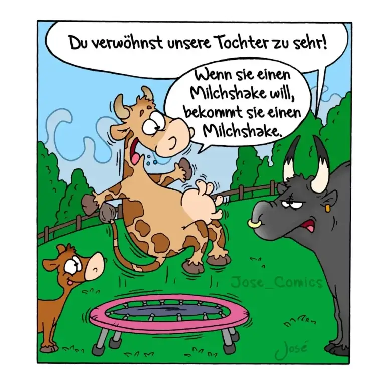 Kuh springt auf Trampolin, zwei Hunde schauen zu. Kuh sagt: Du verwöhnst unsere Tochter zu sehr!