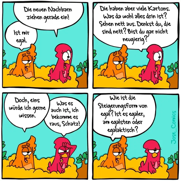 Zwei bunte Vogelfiguren im Dialog: orange Vogel und roter Vogel unterhalten sich über Nachbarn und deren Sauberkeit
