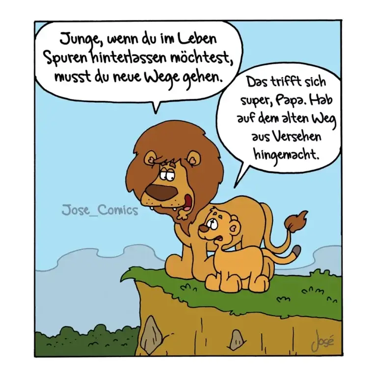 Brauner Hund mit Mähne sitzt auf einer Klippe neben gelbem Welpen. Der Hund spricht auf den Welpen ein, während dieser konzentriert zuhört.