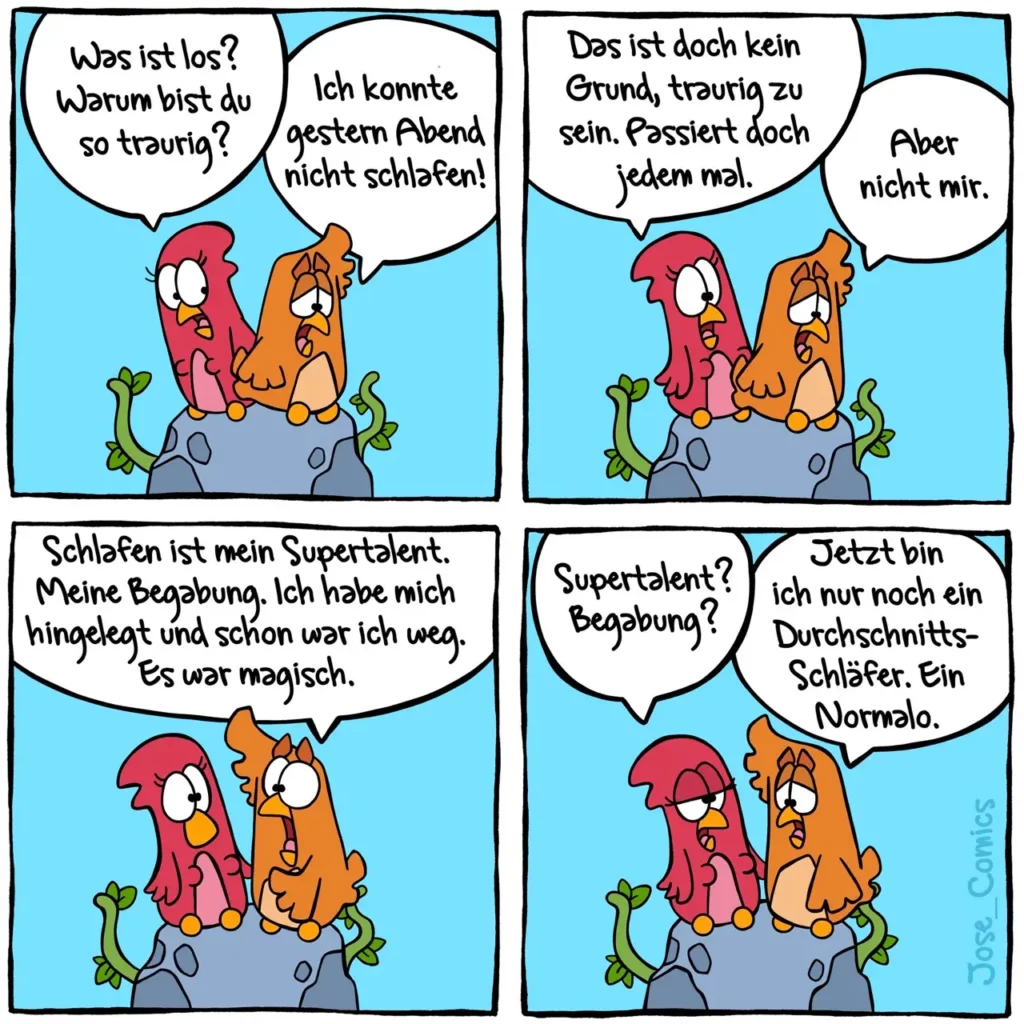 Zwei bunte Vögel sitzen auf einem Stein. Der rote Vogel erklärt dem orangenen, dass Schlafen sein Supertalent ist und er deshalb immer weg sei.
