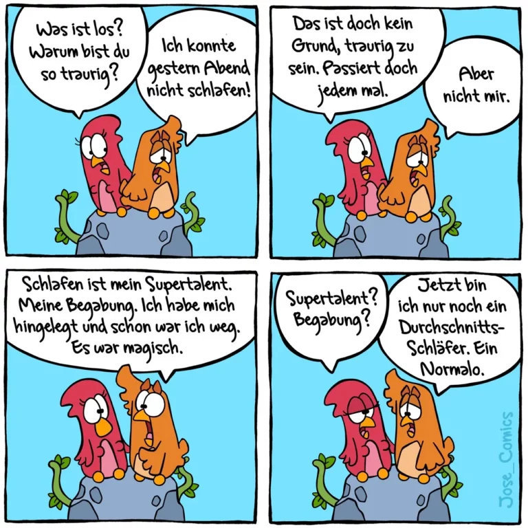 Zwei bunte Vögel sitzen auf einem Stein. Der rote Vogel erklärt dem orangenen, dass Schlafen sein Supertalent ist und er deshalb immer weg sei.
