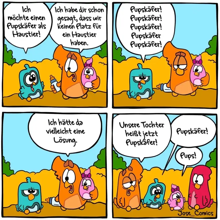 Orangener Hund lehnt blauen Welpen ab, der ihn wiederholt «Pupskäfer» nennt. Im letzten Panel erscheint ein roter Hund als «Lösung».