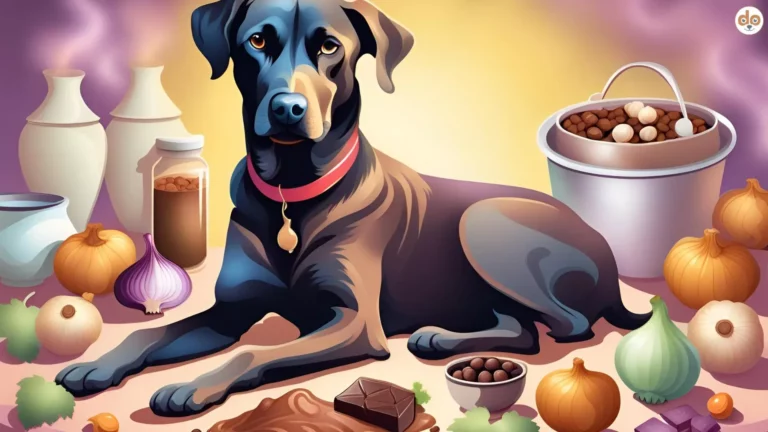 KI generiertes Bild von Hund der auf Tisch mit bedenklichen Nahrungsmitteln sitzt