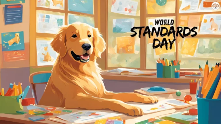 World Standards Day, cartoonistischer Golden Retriever in der Schule