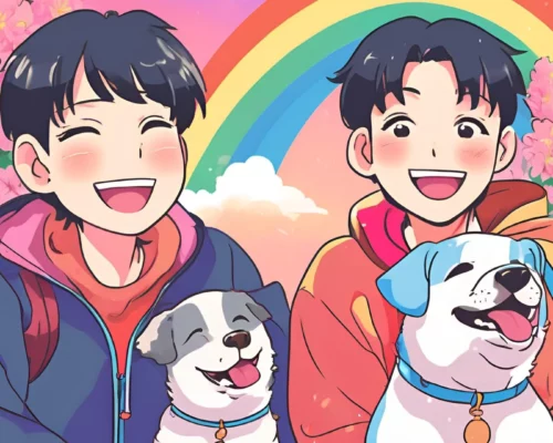 Anime Cartoon zum Welthundetag, Pärchen mit zwei Hunden vor Regenbogen und Blumen
