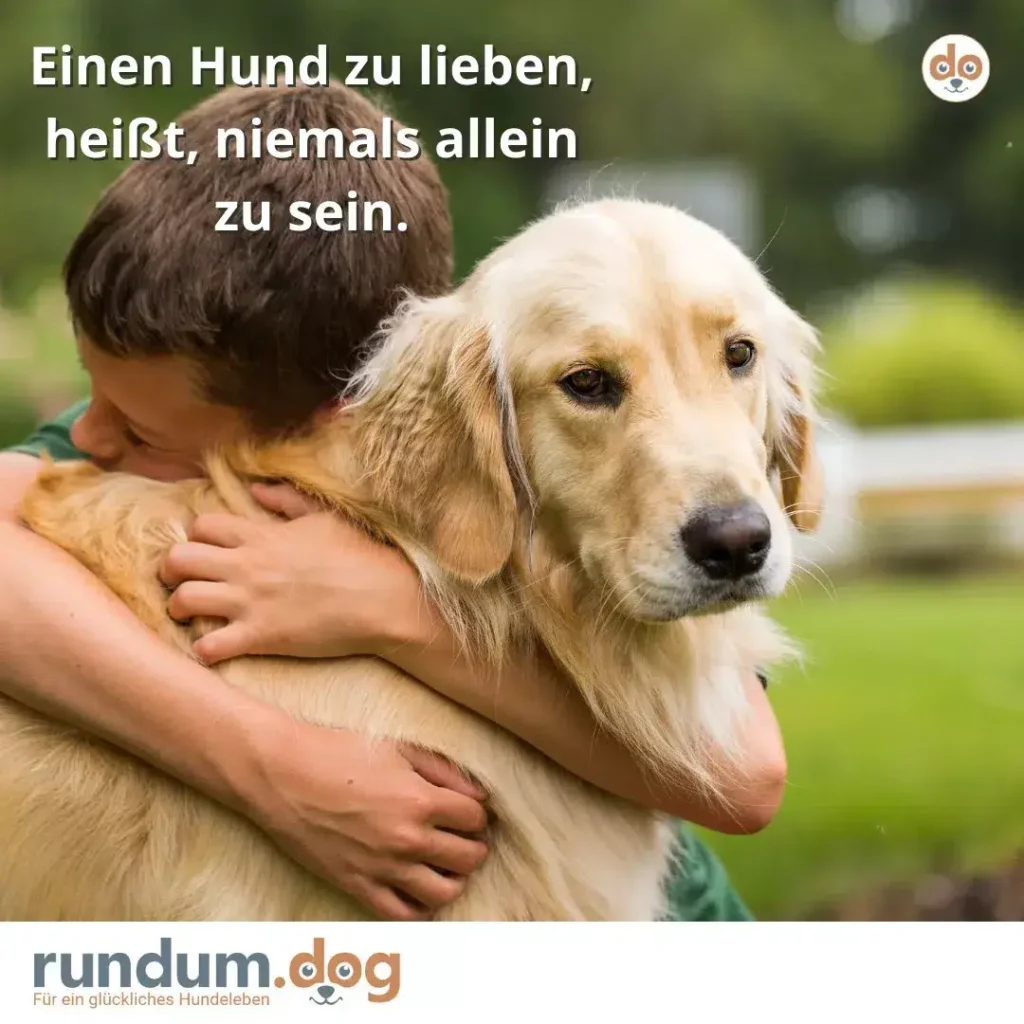 Kind umarmt von hinten einen cremefarbenen Golden Retriever im Garten, beide schauen nach vorne