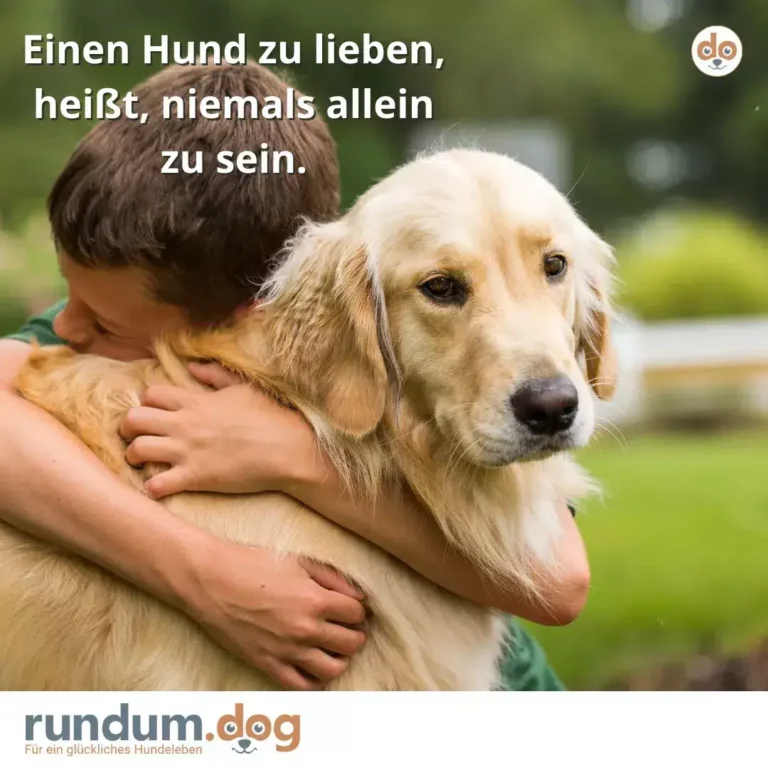 Kind umarmt von hinten einen cremefarbenen Golden Retriever im Garten, beide schauen nach vorne