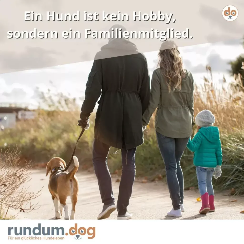 Familie mit zwei Kindern und Hund spaziert auf einem Feldweg, Hund läuft neben der Person an der Leine